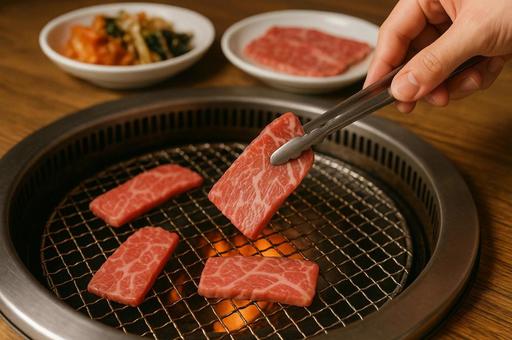 焼肉をトングで焼く手元 焼肉をトングで焼く手元の写真