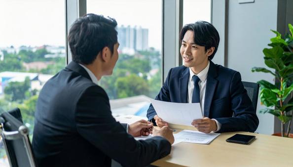 オフィスで商談する日本人ビジネスマン オフィスで商談する日本人ビジネスマンの写真