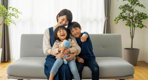 ソファで親子が笑顔で寄り添う幸せな時間 ソファで親子が笑顔で寄り添う幸せな時間の写真