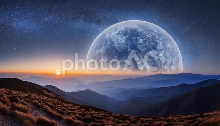 古代の宇宙の銀河と山 山,夕日,ハイキングの写真素材