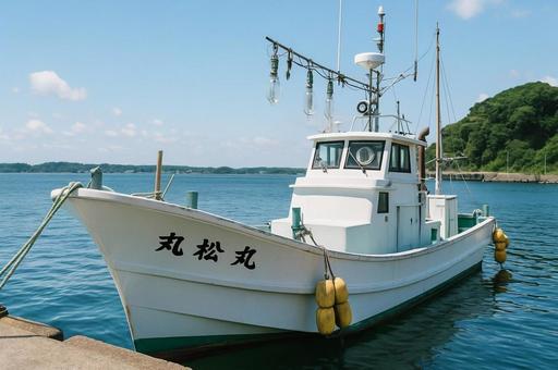 港に停泊中の漁船と青空・日本の海・漁業 港に停泊中の漁船と青空・日本の海・漁業の写真