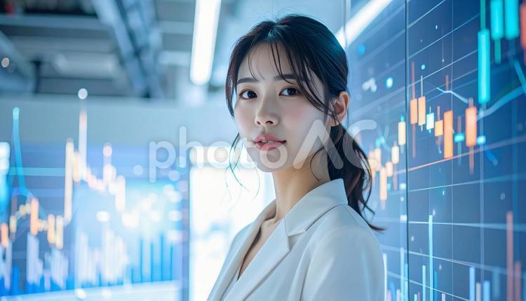 ディルプレイのチャートの前に立つ女性社員 女性,ビジネス,オフィスの写真素材