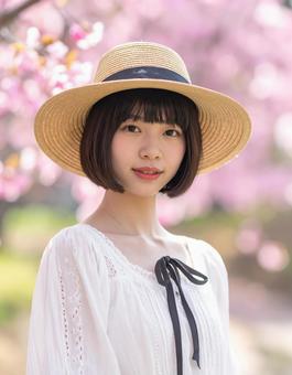 春・桜と白ワンピの彼女の写真