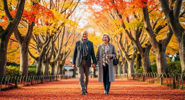 手をつなぎ紅葉道を散策するシニアカップルの写真