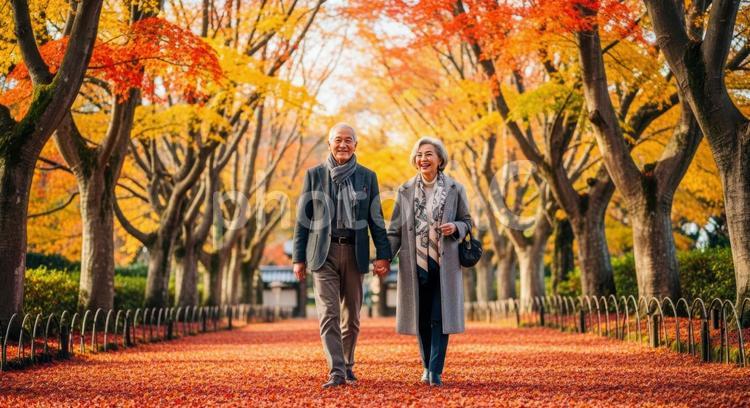 手をつなぎ紅葉道を散策するシニアカップル シニア夫婦,紅葉,秋の写真素材