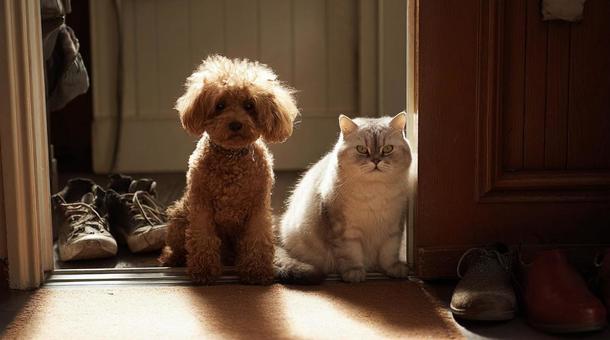 玄関で待つ犬と猫・お見送り・日常風景 玄関で待つ犬と猫・お見送り・日常風景の写真