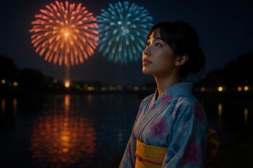 浴衣姿で花火を見る女性 浴衣姿で花火を見る女性の写真