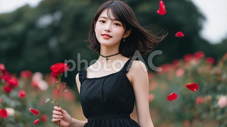 薔薇園と黒髪の女性 女性,バラ,薔薇の写真素材
