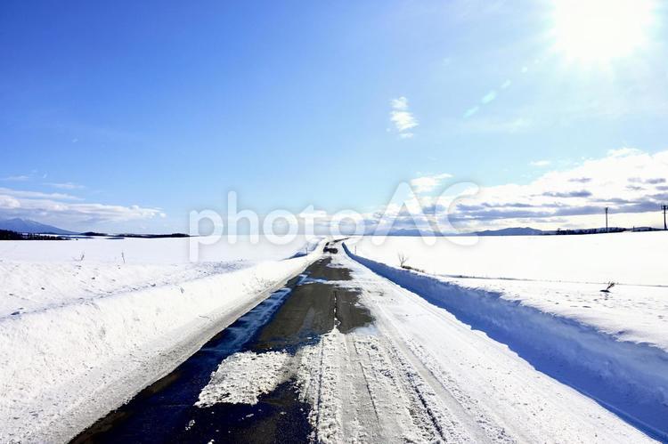冬の北海道の道と青空とコピースペース 北海道,道,道路の写真素材