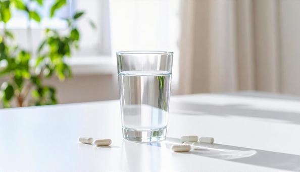 水が入ったコップと薬 水が入ったコップと薬の写真
