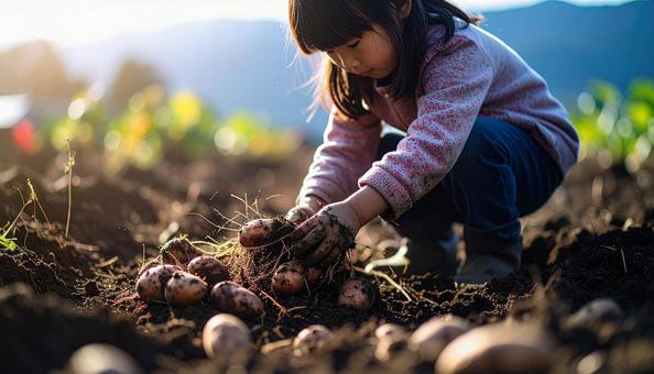 芋掘りする子供 芋掘りする子供の写真