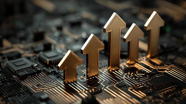 デジタル基盤から伸びる金色の矢印の写真