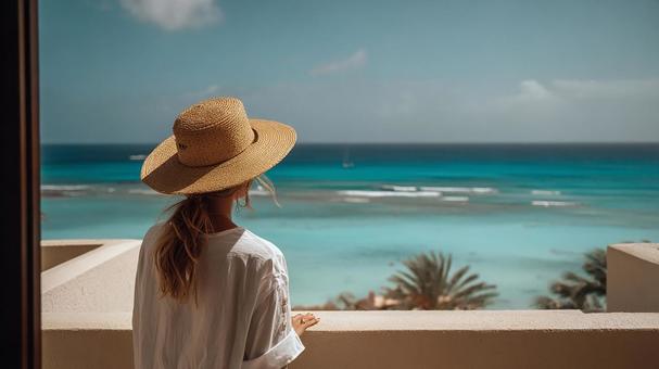 麦わら帽子を被った女性の後ろ姿 麦わら帽子を被った女性の後ろ姿の写真