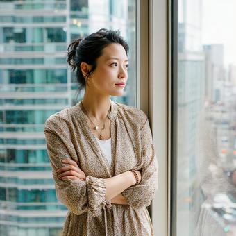 窓辺で思案する30代日本人女性 窓辺で思案する30代日本人女性の写真