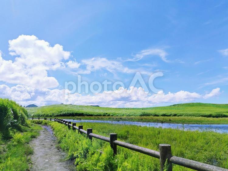 夏の曽爾高原　遊歩道と青空 曽爾高原,夏,緑の写真素材