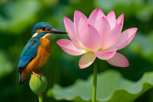蓮の花とカワセミの共演・夏の水辺の風景の写真