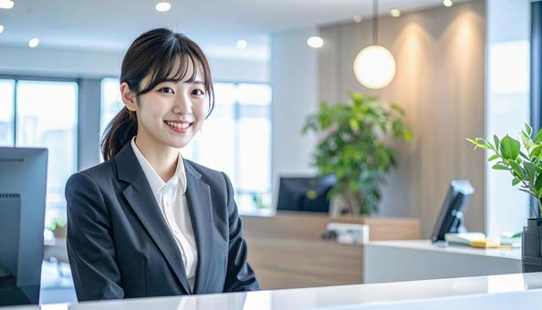 笑顔で対応する女性の受付嬢 笑顔で対応する女性の受付嬢の写真