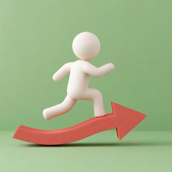 目標達成へ向かう白い人型と上向きの矢印 目標達成へ向かう白い人型と上向きの矢印の写真