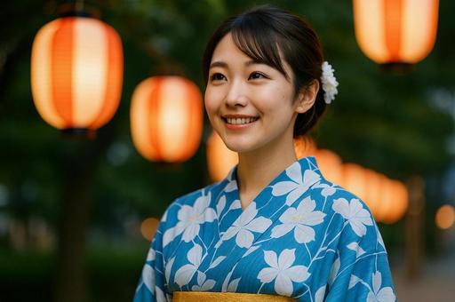 提灯の下で微笑む浴衣姿の女性 提灯の下で微笑む浴衣姿の女性の写真