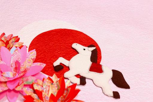 午年年賀状背景　白馬と色紙の花と 午年年賀状,白馬,花の写真素材