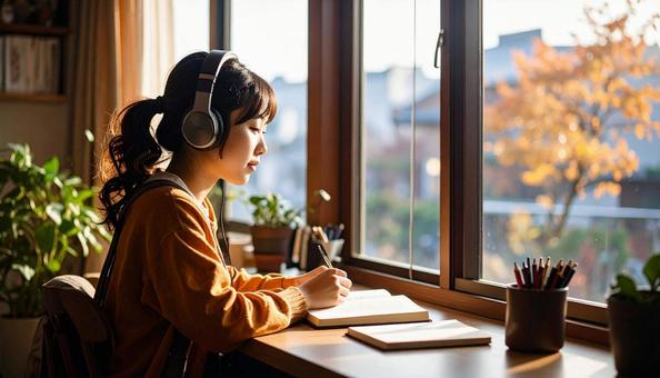 お気に入りの音楽を聴きながら勉強する女性 お気に入りの音楽を聴きながら勉強する女性の写真