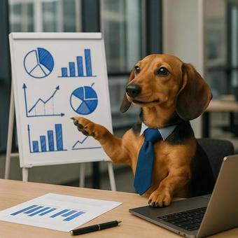 プレゼンをするミニチュアダックスフンドの写真