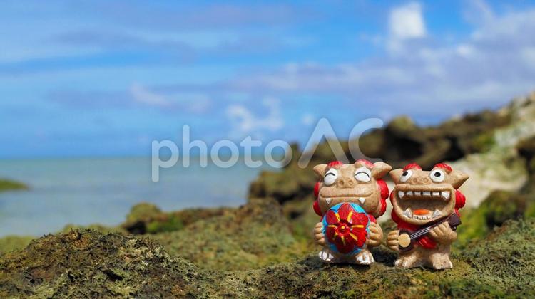 沖縄の青い海と笑顔のシーサーたち シーサー,海,沖縄の写真素材