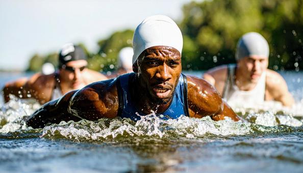 トライアスロン 一斉に水に飛び込む選手 トライアスロン 一斉に水に飛び込む選手の写真