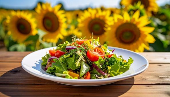 野菜サラダとヒマワリ 野菜サラダとヒマワリの写真