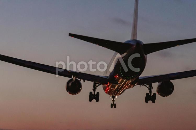 夕暮れの空に着陸する旅客機 飛行機,旅客機,着陸の写真素材