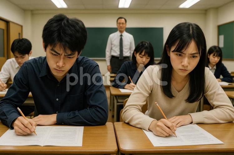 教室でライバルと切磋琢磨する雰囲気 中学受験,教室,塾の写真素材