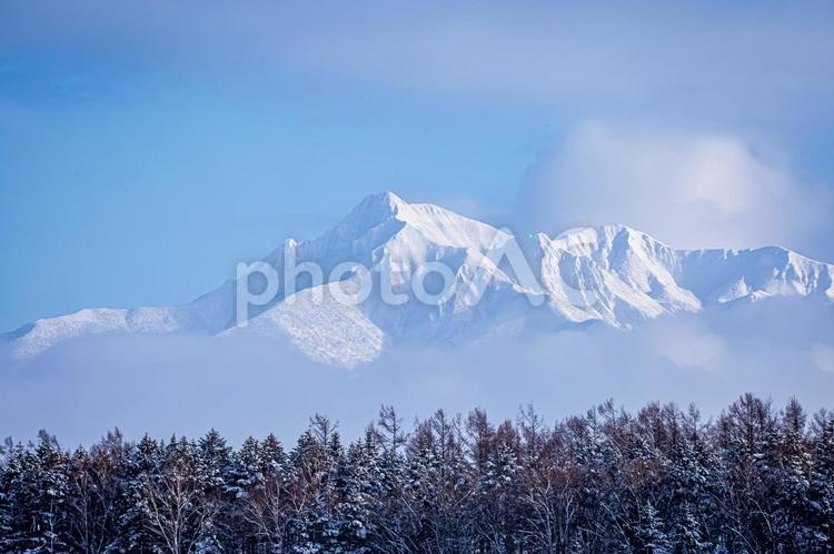 険しい山肌を見せる冬の斜里岳 斜里岳,雪山,山の写真素材