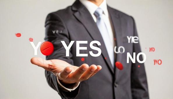 空中に浮かぶ「YES」を選ぶビジネスマン 空中に浮かぶ「YES」を選ぶビジネスマンの写真