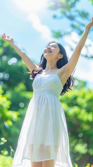 健康的な女性深呼吸 健康的な女性深呼吸の写真