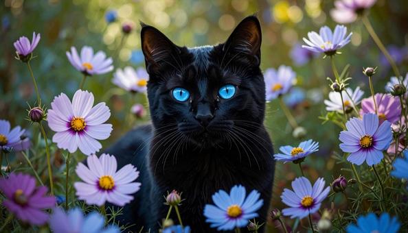 黒猫とコスモス 黒猫とコスモスの写真