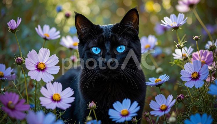黒猫とコスモス 黒猫,猫,動物の写真素材