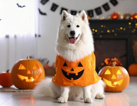 ハロウィンのコスチュームで仮装した犬 ハロウィンのコスチュームで仮装した犬の写真
