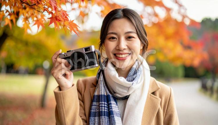 フィルムカメラを構える女性の顔アップ 女性,ポートレート,モデルの写真素材