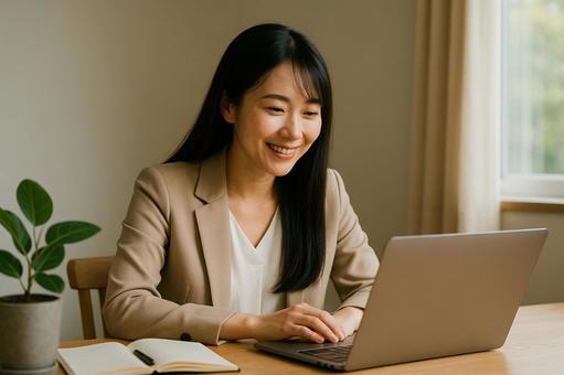 笑顔のデスクワークの写真