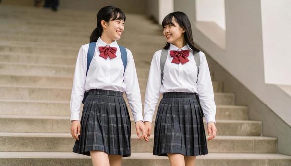 校舎の階段を歩く制服姿の仲良し女子高生 校舎の階段を歩く制服姿の仲良し女子高生の写真