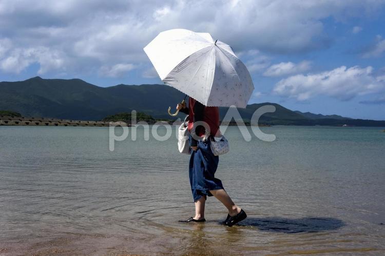 ※＜素材＞夏の海水浴場で遊ぶ日傘の女性 女性,人物,風景の写真素材