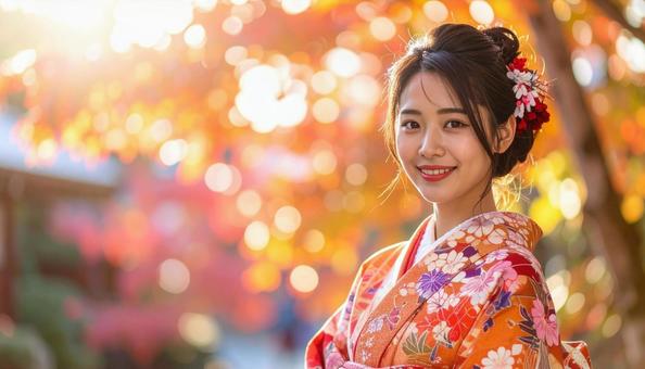 紅葉を眺める晴れ着姿の女性のポートレートの写真