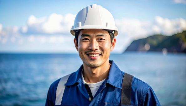 海上で働く笑顔の若い日本人男性作業員写真 海上で働く笑顔の若い日本人男性作業員写真の写真
