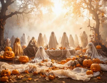 ハロウィンと透明感のある柔らかな布と花の写真