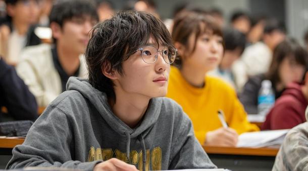講義を受ける男子大学生 講義を受ける男子大学生の写真