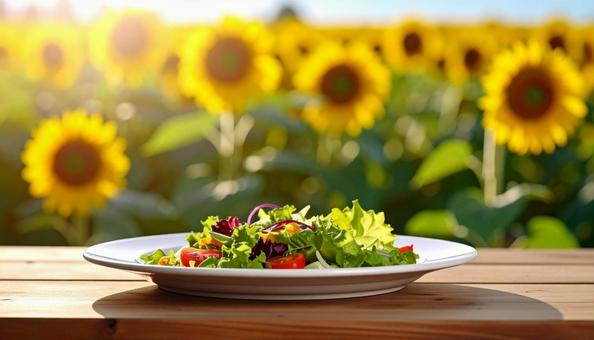 野菜サラダとヒマワリ 野菜サラダとヒマワリの写真