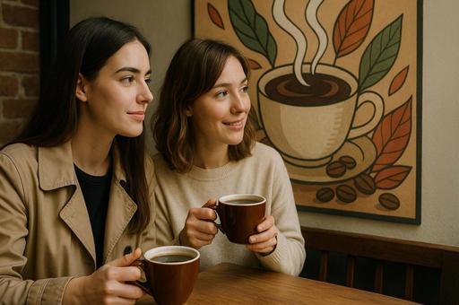 カフェで語らう友人とコーヒー カフェで語らう友人とコーヒーの写真