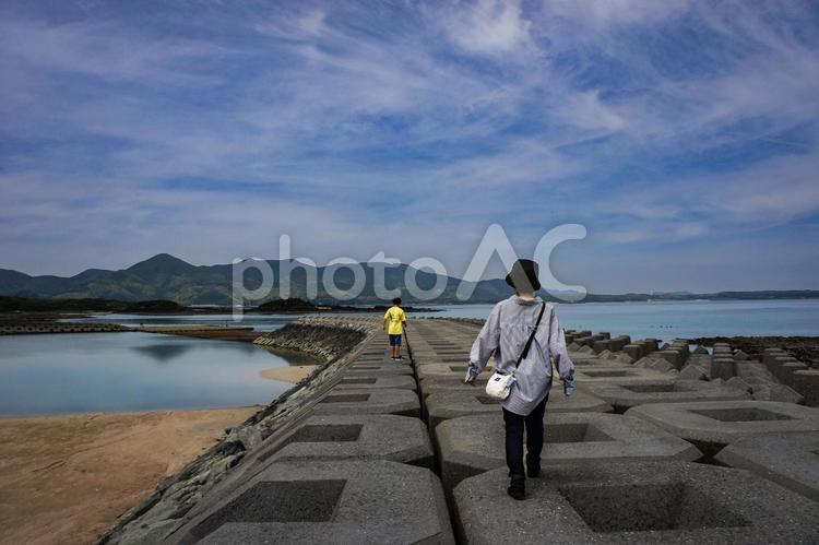 ＜素材＞大潮の海を散策する親子 女性,子供,家族の写真素材