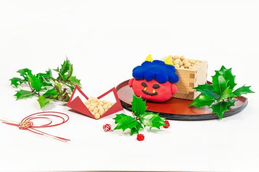 節分デザイン　升・豆・ヒイラギ・鬼 節分,厄払い,豆まきの写真素材