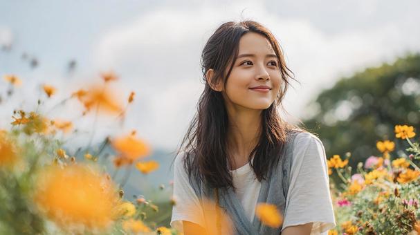 自然の中で輝く笑顔が印象的な若い女性 自然の中で輝く笑顔が印象的な若い女性の写真